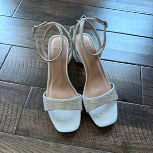 A New Day Womens Silver Rhinestone Block Heel Sandals Square Toe Size 8